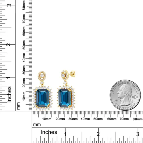 Vista 3 de Gem Stone King Gemstone Birthstone Halo Dangle Earrings For Women 18K Yellow Gold Plated Silver Emerald Cut 14X10MM Fine Jewelry Gifts for Her