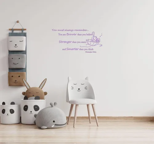 Vista 4 de Wall Decals Quote Winnie Pooh Braver Stronger Smarter Vinyl Sticker Baby Boy Girl Bedroom Nursery Home Decor L343 (56in x 26in, white)