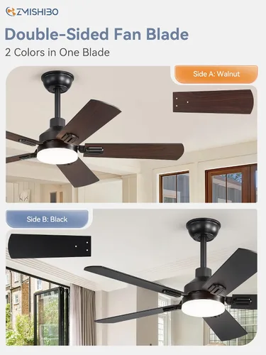 Vista 6 de ZMISHIBO Ventiladores de techo de 44 pulgadas con luces, ventilador de techo moderno negro con control remoto, ventilador de techo