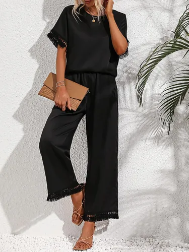 Vista 5 de MakeMeChic Conjunto de 2 piezas de verano para mujer, blusa de manga corta con flecos y pantalones de pierna ancha