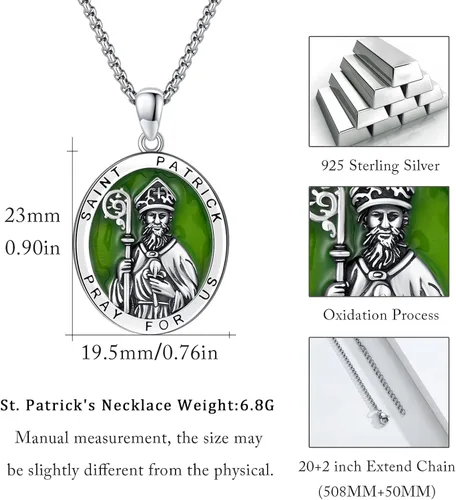 Vista 2 de Collar con colgante de plata de ley 925 con medalla de San Patrón, joyería religiosa para hombres y mujeres, con cadena de acero inoxidable 316L