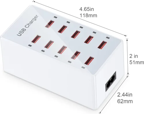 Vista 3 de Cargador USB de 10 puertos estación de carga para múltiples dispositivos, cargador de pared USB, tira de concentrador de alimentación, enchufe