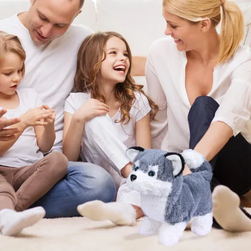 Vista 7 de WorWoder Cachorro de peluche de Alaska, perro electrónico interactivo para mascotas, caminar, ladrar, mover la cola, estirar, animal de compañía