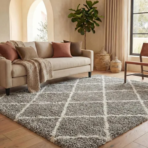 Vista 111 de SAFAVIEH Hudson Shag Collection - Alfombra decorativa de 2 x 3 pies, color beige y marfil, diseño moderno de enrejado, no desprende pelusa