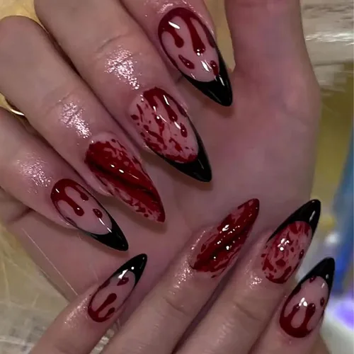 Vista 23 de Uñas postizas a presión de Halloween, uñas postizas de almendra, cobertura completa, uñas postizas rojas con diseños de gotas de sangre, punta 14