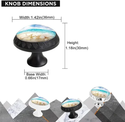 Vista 2 de Paquete de 4 tiradores negros para cajones, diseño de estrella de mar de mar y conchas azules con diseño de horizonte, manijas de cristal
