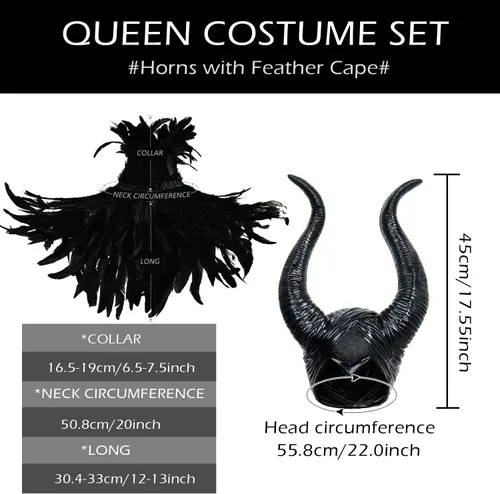 Vista 4 de L'VOW chal gótico con plumas negras y cuernos de Maleficent, disfraz de cuervo para Halloween
