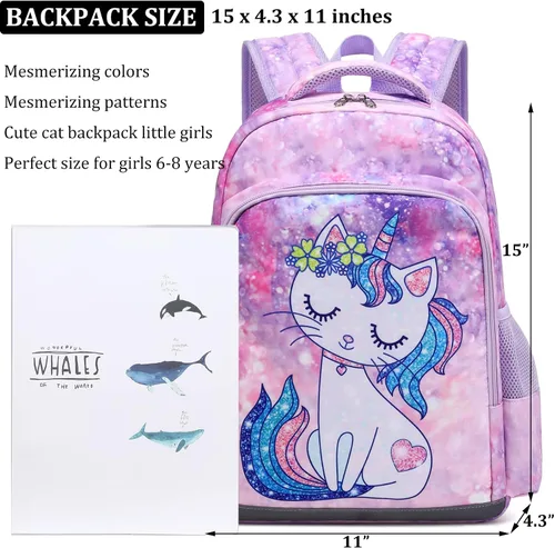 Vista 6 de JIANYA Mochila para niñas y niños, mochilas para libros, lindas y ligeras, *Gato azul claro, Mochila escolar para niña preescolar de jardín