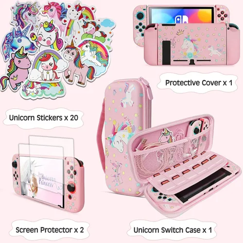 Vista 4 de Funda de transporte de unicornio rosa compatible con Nintendo Switch no OLED ni Lite con funda protectora acoplable protector de pantalla