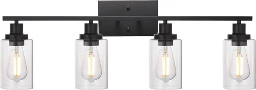 Vista 12 de MELUCEE Aplique de pared negro industrial vintage de 2 luces con pantalla de vidrio transparente y base de metal, luces de tocador de baño, apliques