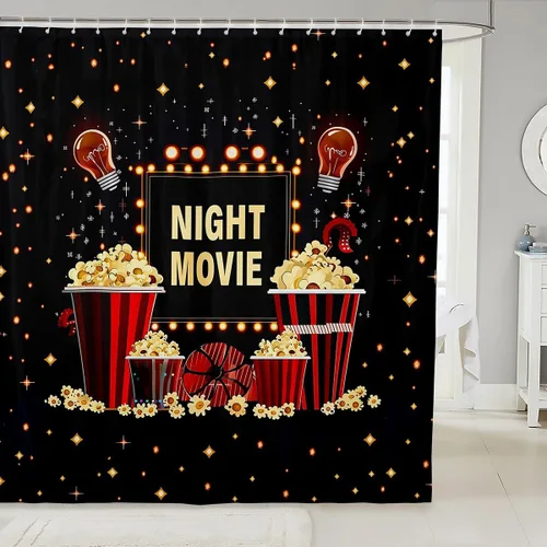 Vista 25 de Homewish Theater Cinema Poster Shower Curtain Set,Retro Movie Bathroom Curtain,Kids Girls Teens Popcorn Waterproof Fabrics Movie Night Bathroom