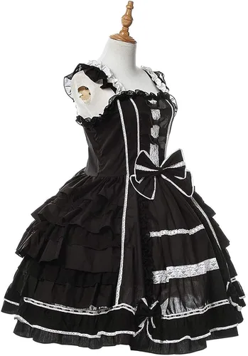 Vista 4 de Nuoqi Lolita vestido gótico para mujer y niña, con listones, vestido de princesa, vestido de princesa con escarolas de encaje, vestido para disfraz