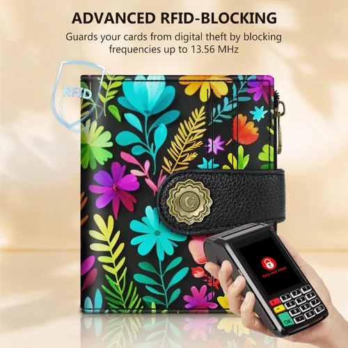 Vista 3 de Chelmon Cartera pequeña gótica para mujer, con bloqueo RFID, de piel sintética, plegable, para tarjetas de crédito, con ventana de identificación