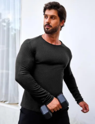 Vista 3 de COOFANDY Paquete de 2 camisetas musculares para hombre, elásticas, de manga larga, para gimnasio, entrenamiento, fisicoculturismo, camisetas