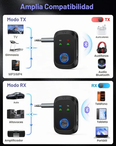 Vista 2 de Receptor transmisor Bluetooth 5.4, adaptador de audio inalámbrico 2 en 1 compatible con 2 auriculares, llamadas manos libres, 11.5H RX/10H TX