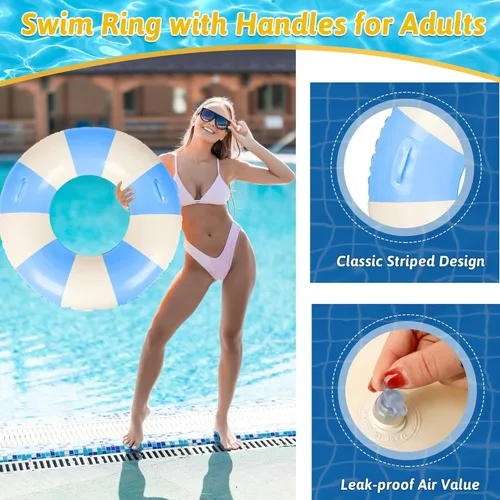 Vista 6 de Flotadores inflables de piscina para adultos, paquete de 2 flotadores a rayas, tubos de piscina, anillos de natación con asas, flotador inflable