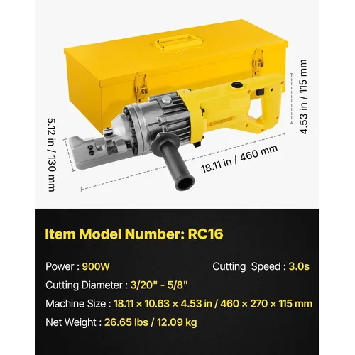 Vista 9 de Happybuy Cortador de barras de refuerzo hidráulico eléctrico 900W RC-16 110V - Portátil, corta barras de refuerzo de 0.157-0.630 in en 3 segundos