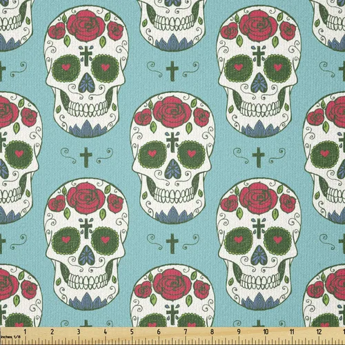 Vista 58 de Ambesonne The Yard, tela de calavera colorida con temática de Halloween, diseño de calavera y huesos cruzados, divertido estampado de dibujos