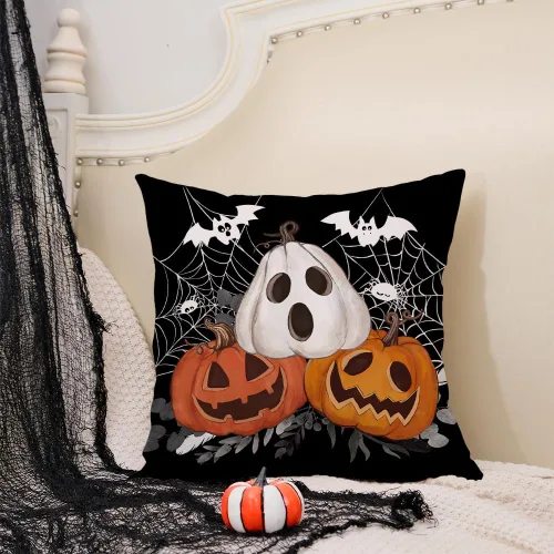 Vista 2 de AACORS AA601-16 - Funda de almohada de Halloween de 16 x 16 pulgadas, decoración de tela de murciélago de Jack-o'-Lantern, fundas de almohada