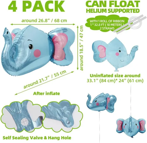 Vista 2 de Globo de elefante 4D, vida silvestre, selva, bosque, safari, suministros de fiesta de animales, paquete de 4 globos gigantes de cabeza de elefante