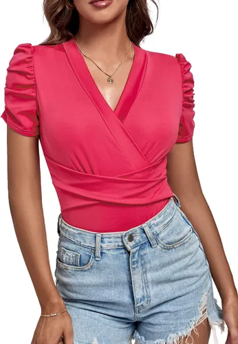 Vista 5 de LYANER Body de manga corta con cuello en V para mujer, fruncido y plisado