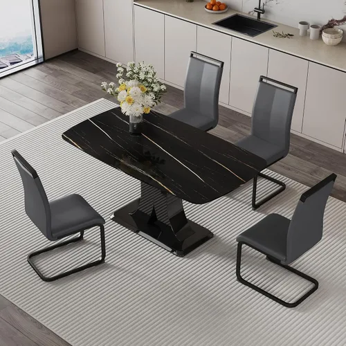 Vista 8 de Moderno juego de mesa de comedor para 4, mesa de vidrio de 63 pulgadas y base de MDF, mesa de comedor de mármol sintético negro con 4 sillas Mesa