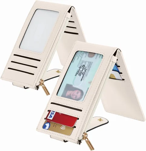 Vista 2 de Chelmon Cartera de mujer delgada con bloqueo RFID, billetera plegable con varios compartimientos para tarjetas con bolsillo con cremallera, Beige
