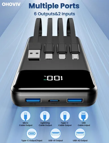 Vista 5 de Cargador portátil, banco de energía de 50000 mAh con cables incorporados, paquete de batería de carga rápida de 22.5W, cargador de teléfono portátil
