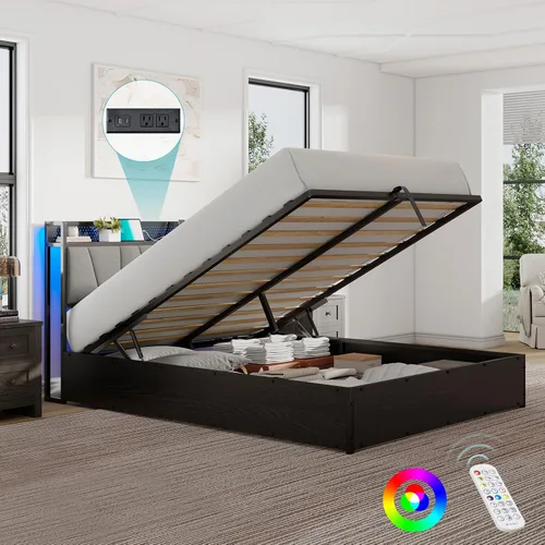 Vista 11 de LUXOAK Marco de cama de almacenamiento elevable tamaño King con luces LED, cabecera tapizada de lino con estación de carga, marco de cama de Negro