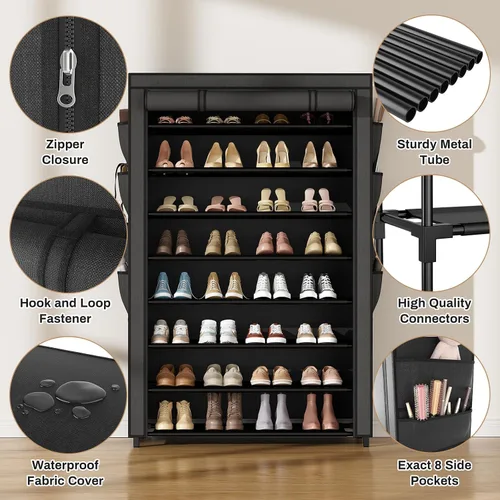 Vista 5 de Zapatero con Cubierta, Organizador de Zapatos de 8 Niveles Alto para 36-45 Pares de Zapatos y Botas, Gran Estante de Almacenamiento de Zapatos
