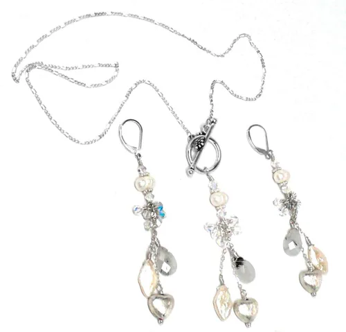 Vista 4 de Rutilated Quartz Cultured Pearl Sterling Silver Heart Chain Dangle Chandelier Earrings