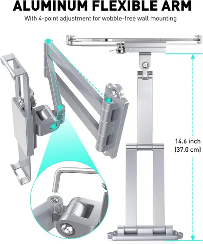 Vista 6 de AboveTEK Soporte de pared para tablet, soporte de tableta de rotación de 360° con brazo de extensión, soporte de cocina antirrobo para tabletas de 7