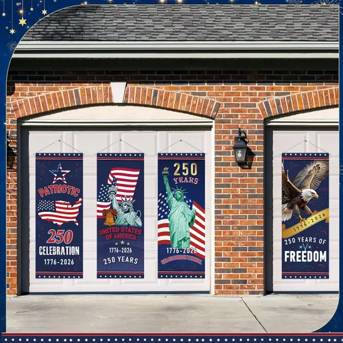 Vista 4 de Panelee 4 pancartas decorativas para el 250 aniversario de la bandera patriótica de Estados Unidos, para porche, telón de fondo colgante para el Día