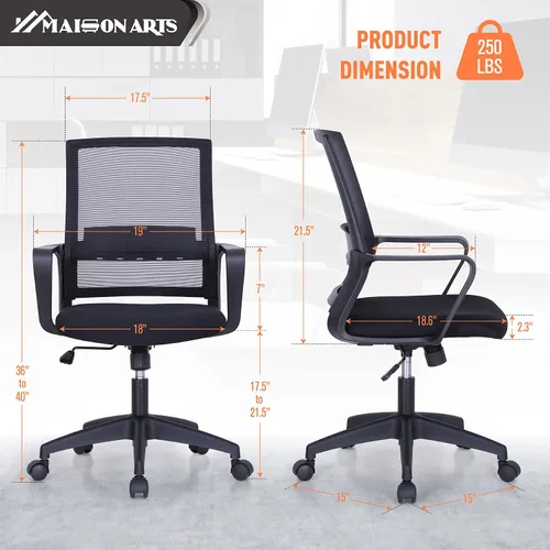 Vista 3 de MAISON ARTS Silla ergonómica de oficina de malla, silla de escritorio para el hogar, silla de trabajo con respaldo medio para computadora con malla