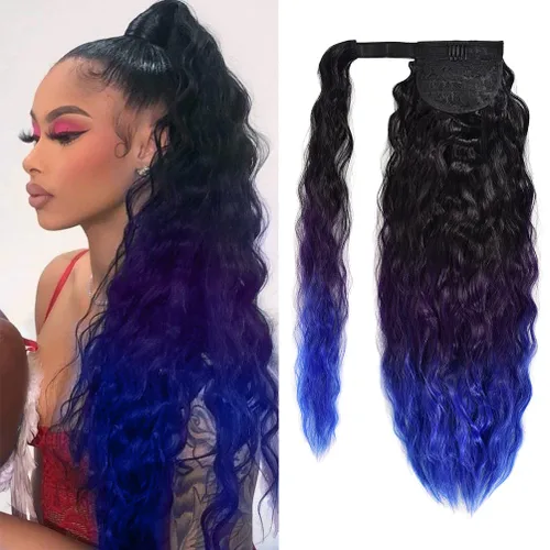 Vista 20 de Extensión de cola de caballo con clip de onda de maíz, 22 pulgadas de largo, ondulado, rizado, envolvente, resistente al calor, sintético, postizo