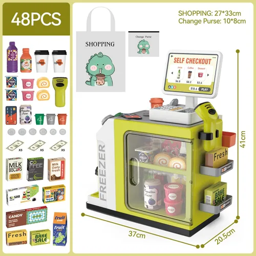 Vista 3 de Juego de caja registradora para niños – 48 piezas de dinero de simulación, calculadora, escáner, tarjeta de crédito y comida de juego para niños