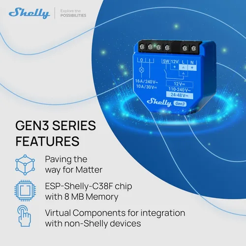 Vista 7 de Shelly 1 Gen3, interruptor de relé inteligente WiFi con contactos secos, 1 canal 16A, compatible con Alexa, Home Assistant, SmartThings y Google