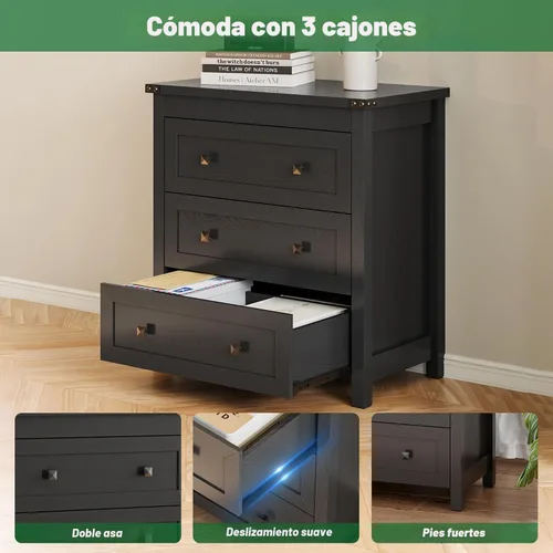 Vista 5 de Cómoda para dormitorio con 3 cajones, cajones pequeños de 27.55" de ancho, cómoda de madera estilo granja, mesita de noche, gabinete de cabecera