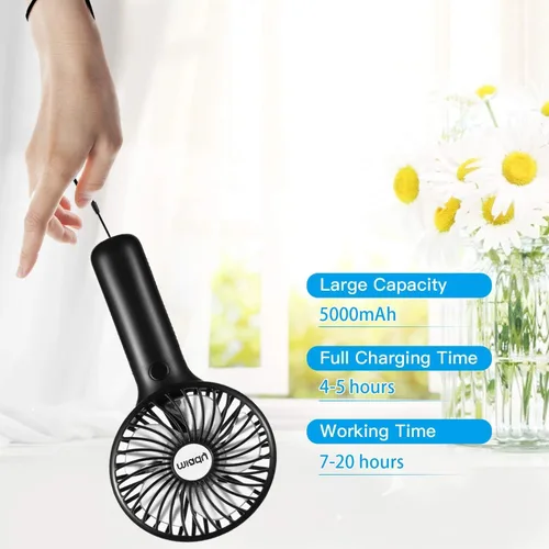 Vista 4 de Miady Paquete de 2 ventiladores portátiles mejorados de 5000mAh, ventilador de mano mini USB de 3 velocidades, viento fuerte, tiempo