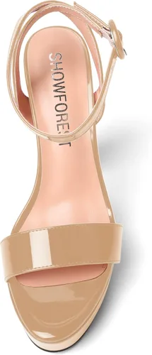 Vista 3 de SHOWFOREST Sandalias de tacón alto para mujer, con hebilla de plataforma y hebilla de charol y correa de tobillo de bloque sólido, 5 pulgadas Beige