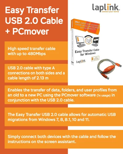 Vista 3 de LAPLINK Cable de transferencia fácil para Windows, incluye software PCmover Express y cable USB 2.0 de PC a PC, licencia de un solo uso, transfiere