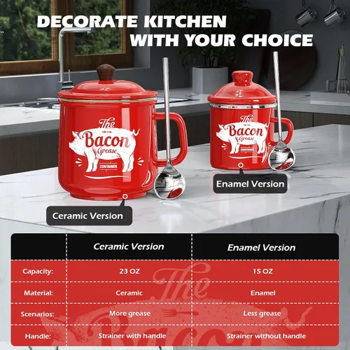 Vista 3 de PGYARD Ceramic Bacon Grease Saver With Strainer, 23OZ Farmhouse Container Rojo