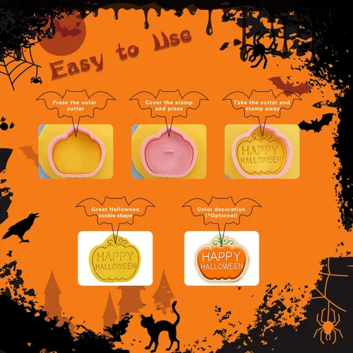 Vista 6 de Cortadores de galletas de Halloween, 8 sellos de galletas con linda calabaza, fantasma, gato, cráneo, búho, bruja y ataúd, impresión 3D mini