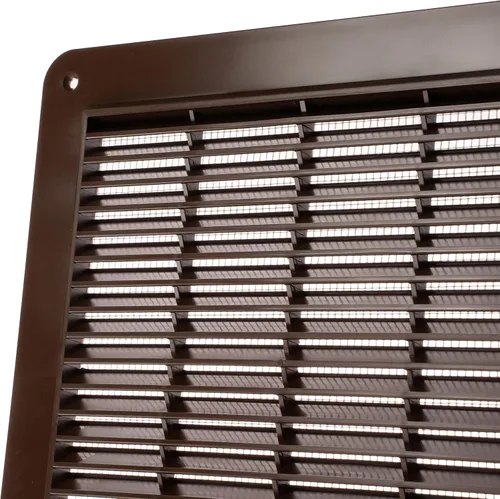 Vista 4 de Rejilla de ventilación cuadrada marrón, medida interior de 8 x 8 pulgadas, malla protectora y tornillos incluidos. Registro de ventilación