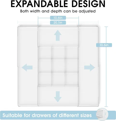 Vista 2 de Organizador de cajones expandible, ancho (10.6"-20.1") profundidad (11"-20.1"), organizador de cajones de maquillaje transparente con 6 divisores