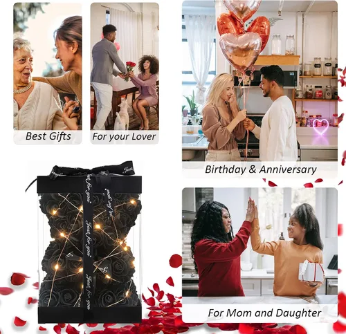 Vista 5 de U UQUI - Oso de peluche de rosas de Navidad, regalo para el Día de San Valentín, para esposa, novia, oso de peluche artificial en caja con tira