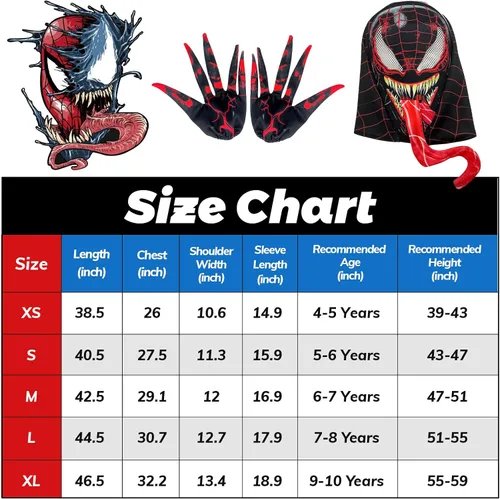 Vista 6 de PUNKSUIT Disfraz de superhéroe para niños, overol de cosplay de Halloween, enterizo de elastano 3D con máscara de lengua, guantes