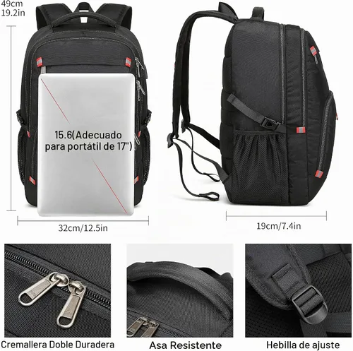 Vista 4 de Mochila para portátil de 17.3 pulgadas, mochila grande para computadora con puerto de carga USB, mochila resistente al agua y resistente para Negro
