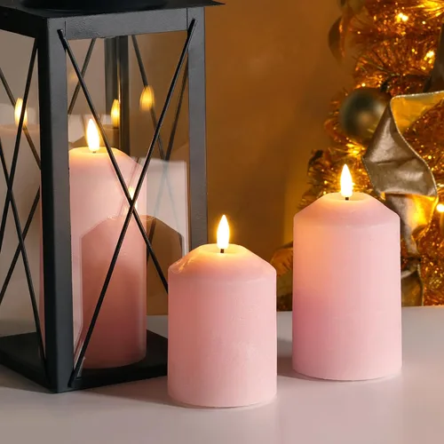 Vista 7 de Juego de 3 velas de pilar sin llama color rosa con control remoto, velas LED de cera real que funcionan
