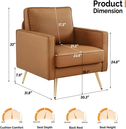 Vista 3 de VINGLI Silla de acento moderna de cuero PU para sala de estar, silla cómoda de dormitorio, silla de lectura con brazos con patas de metal dorado
